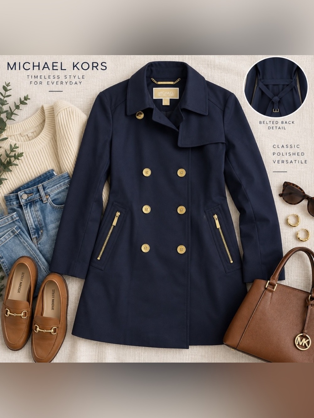 MICHAEL Michael Kors Navy Double-Breasted Trench Coat with Gold Hardware